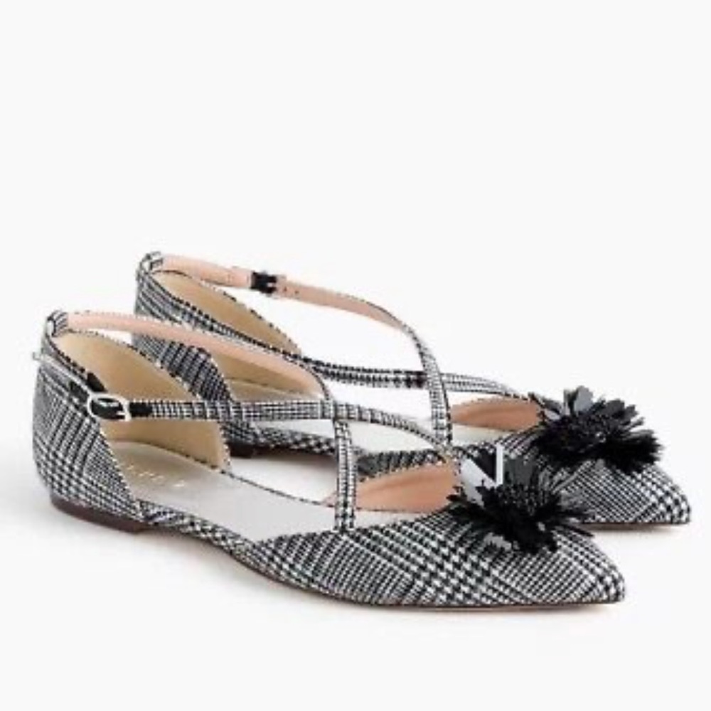J. Crew Sadie Criss-cross Plaid Sandal Beaded Flower Pointed Toe Women’s 9